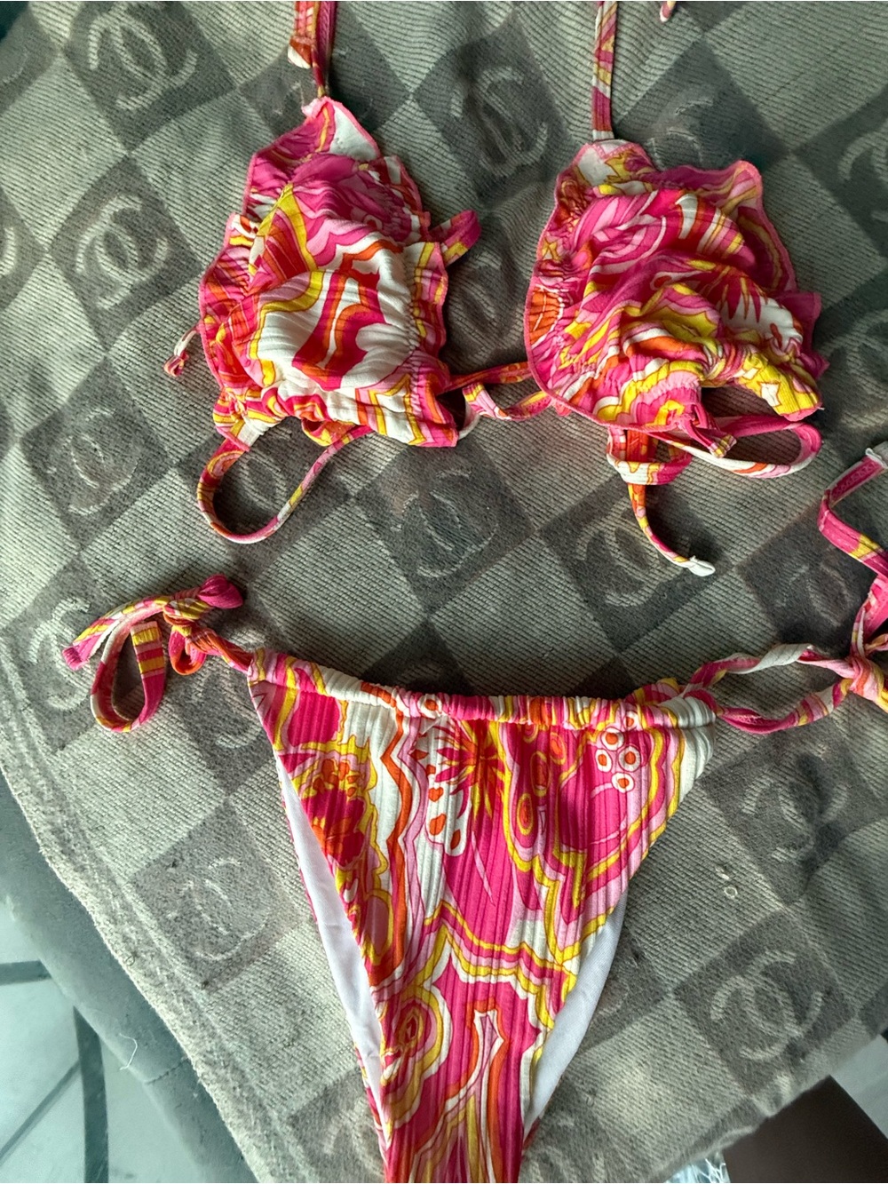 Pink Retro Print Ribbed String Bikini Set Size L